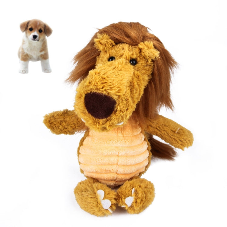 Lion plush biting pet teddy toy with yellow body, brown mane, and round squeaker
