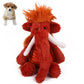 Red plush biting pet teddy toy with orange mane tuft, long ears, and striped belly