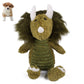 Green plush biting pet teddy toy with white horns, snout, and striped belly