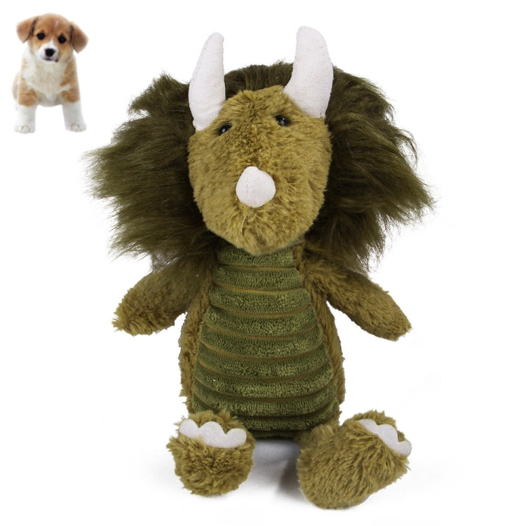 Green plush biting pet teddy toy with white horns, snout, and striped belly