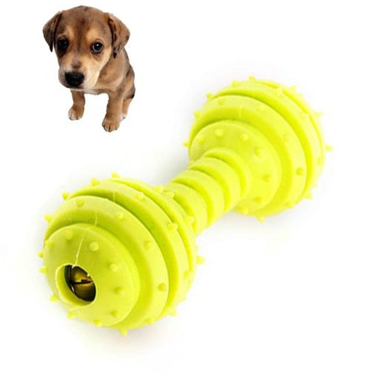 Yellow TPR bite-resistant dumbbell dog toy with stacked ridges and a chew center hole