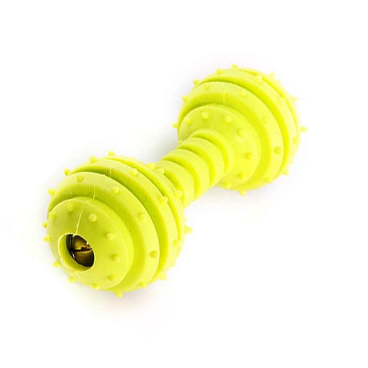 Yellow TPR bite-resistant dumbbell dog toy, textured discs and side chewing opening