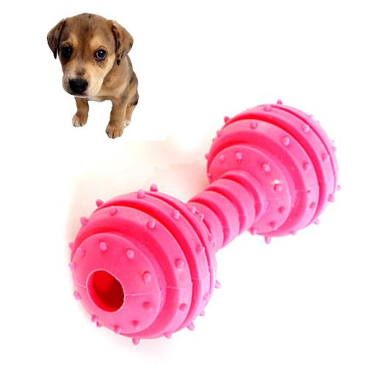 Red TPR bite-resistant dumbbell dog toy with ridged discs and large chew opening