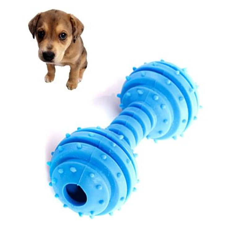 Blue TPR bite-resistant dumbbell dog toy with stacked ridges and round chew hole