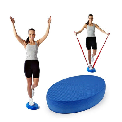 Blue oval balance mat with textured top for non-slip yoga and standing exercises