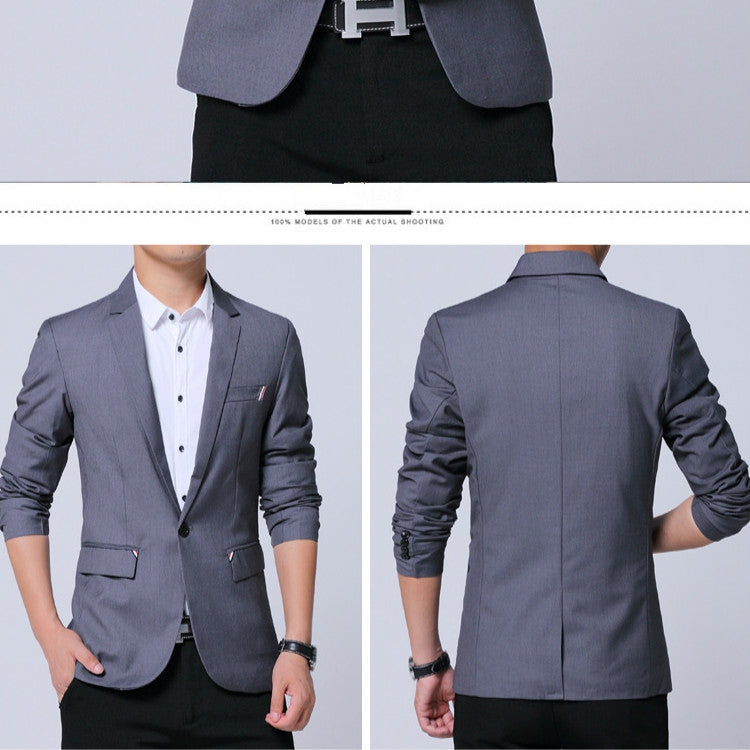 Men's gray blazer back view with structured shoulders and long sleeves