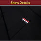 Black blazer fabric close-up with stitched pocket edge and red-white striped tag