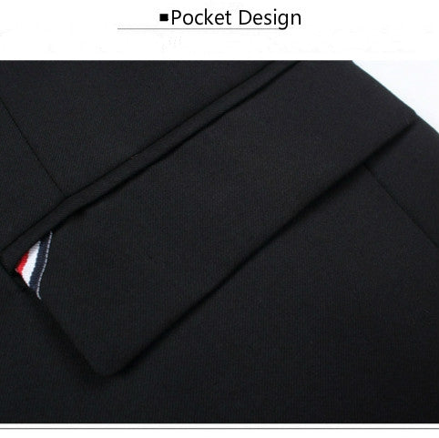Black blazer pocket seam close-up with welt detail and striped trim