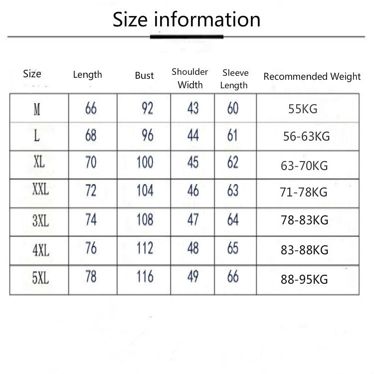 Men's blazer size chart with recommended weight and measurements by size