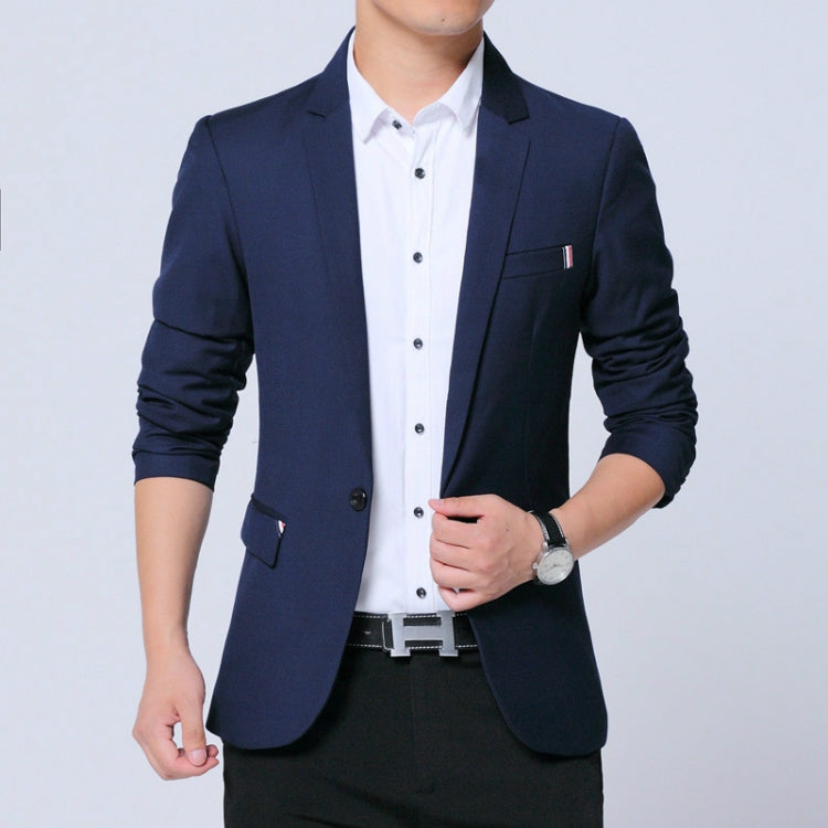 Men's navy blazer with notch lapels, flap pockets, and button-front closure