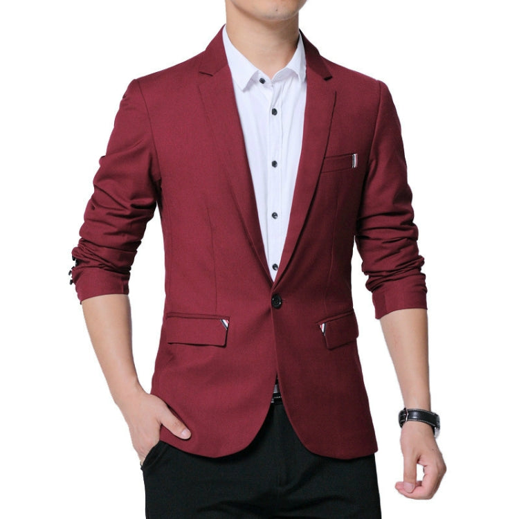 Men's burgundy business blazer with two front flap pockets and button front