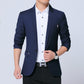 Men's navy suit blazer with notch lapels, flap pockets, and button closure