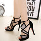 Black open-toe high-heel fish sandals with geometric crisscross straps