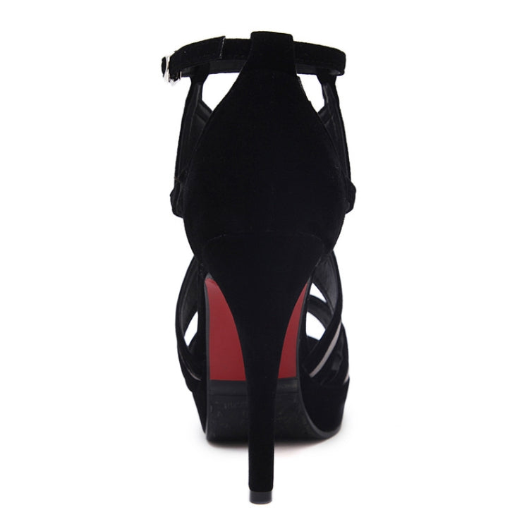 Back view of black high-heel fish sandals with strappy heel cutouts