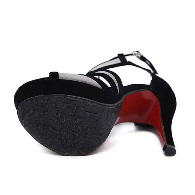 Sandal sole and heel view: black platform with red heel and strap details