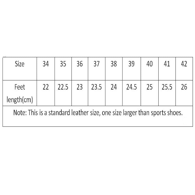 Size chart table listing shoe sizes 34 to 42 with foot length in cm