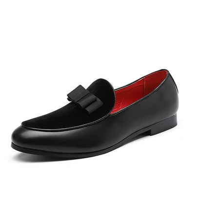 Men's black loafers with bowknot strap, low heel and smooth slip-on design