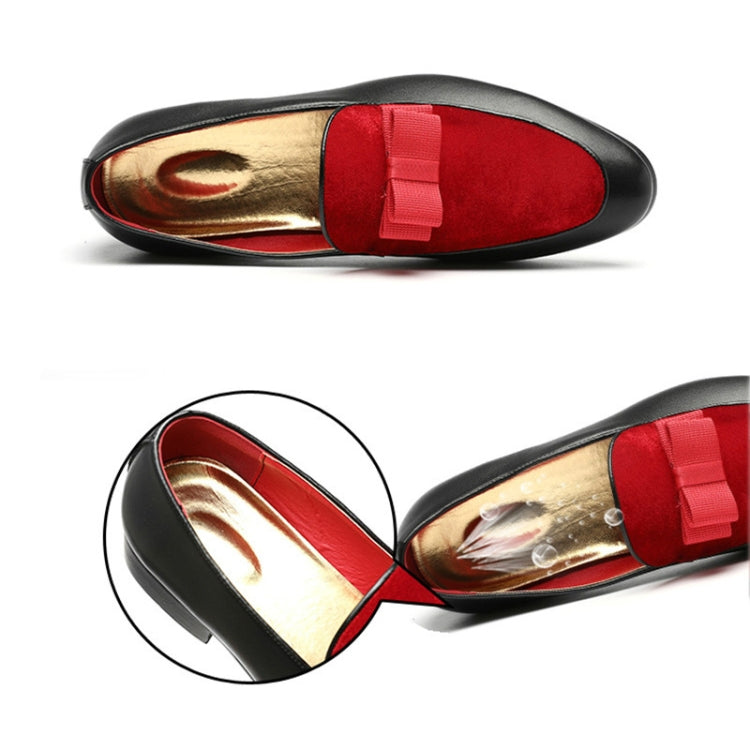 Men's black loafers with red insole and bowknot strap, side detail view