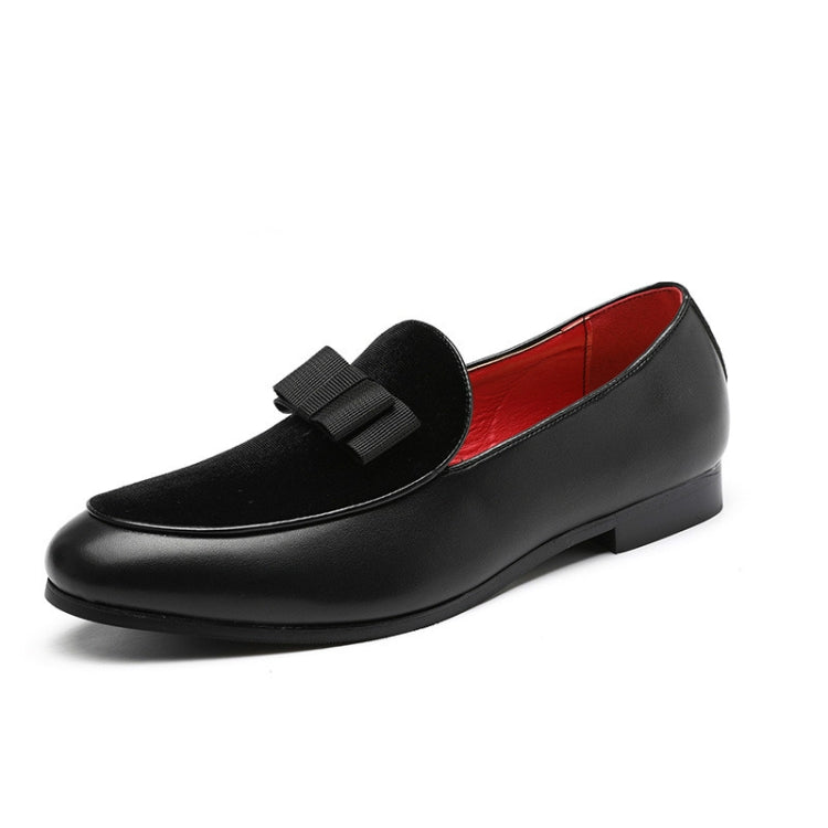 Men's black suede loafer with textured bowknot accent and leather trim
