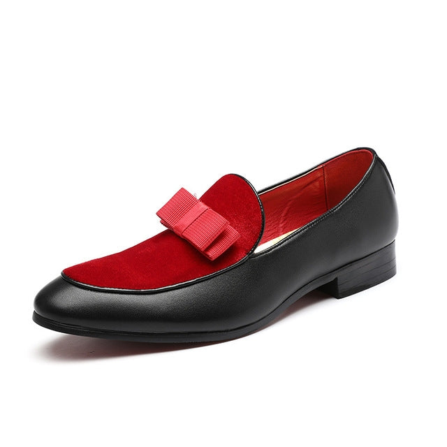 Men's red suede loafer with black leather trim and red bowknot accent
