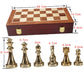 Wooden chessboard case with clasp and gold-and-silver metal chess piece set