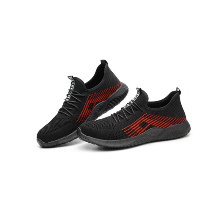Men's work sneakers, black knit upper with laces and red accent design on side