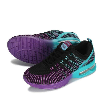 Lace-up mesh women’s sneakers in black, purple, and teal with air-cushion sole