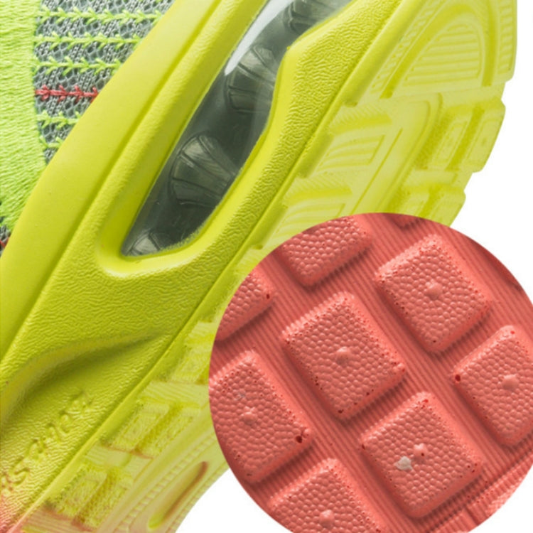 Thick outsole tread for women’s sneakers with yellow top and textured grip base