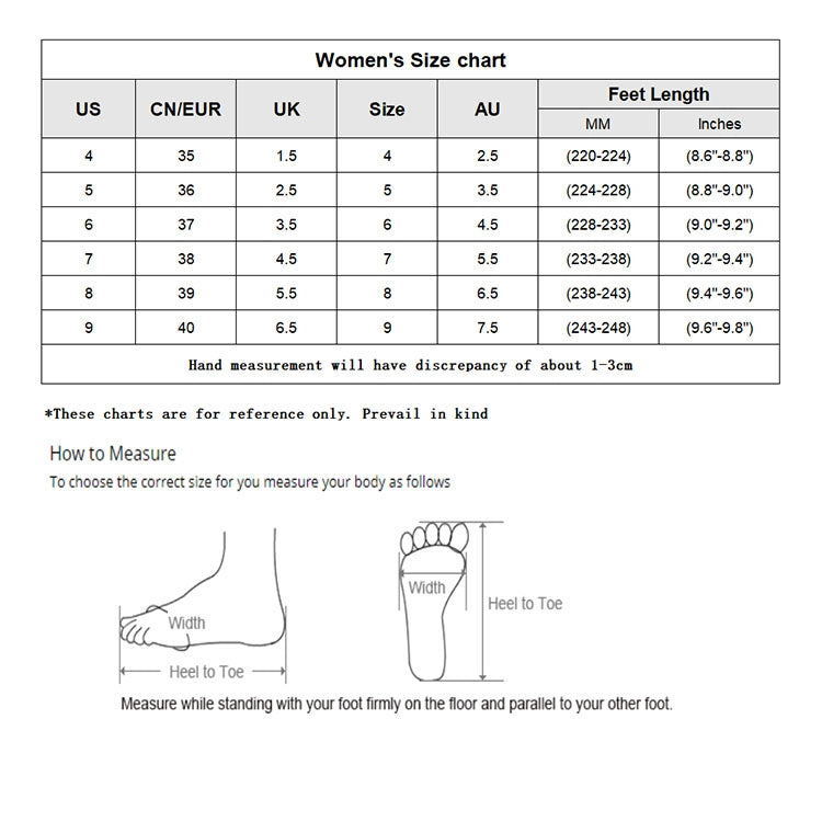 Women’s sneaker size chart with feet-length measurement guide