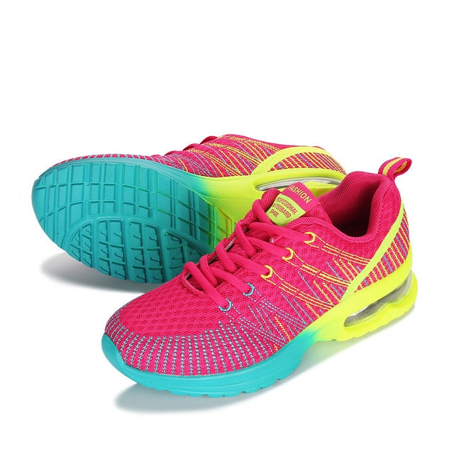 Women's mesh running sneakers, fuchsia knit upper with lime-yellow trim and teal sole