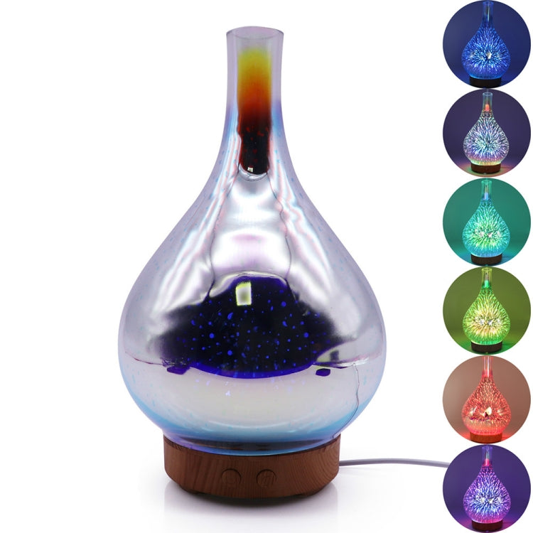 Teardrop LED aroma humidifier with glowing interior, wood base, color mode lights shown