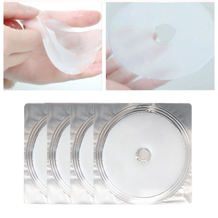 Round translucent breast patch being peeled from backing; shows 4 patches in packaging