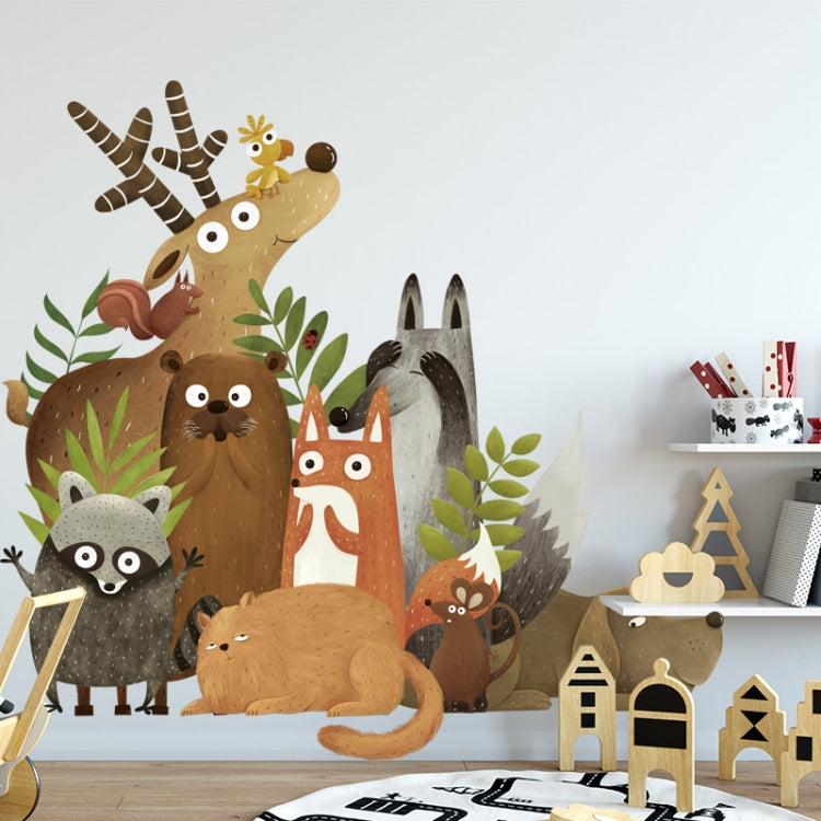 Cartoon woodland animal wall sticker set with giraffe, bear, fox, raccoon, and bird