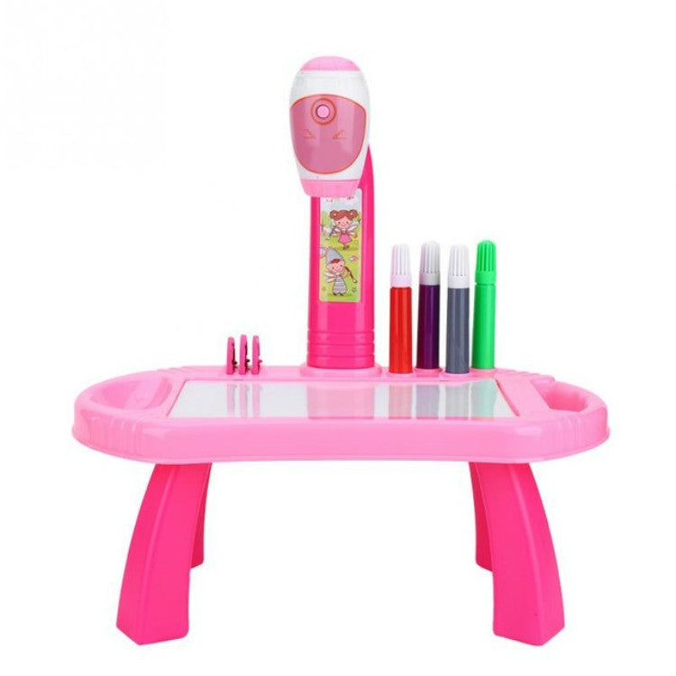 Pink kids painting projector drawing table with clear tray and four colored pens