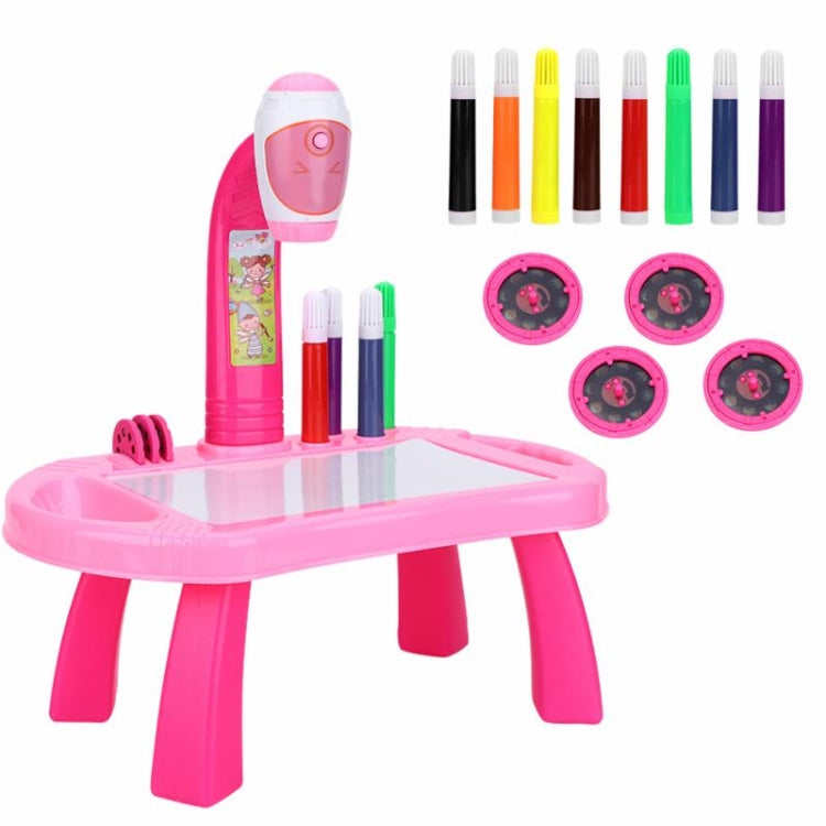 Pink learning painting table set with projector, colored pens, and four stamp wheels