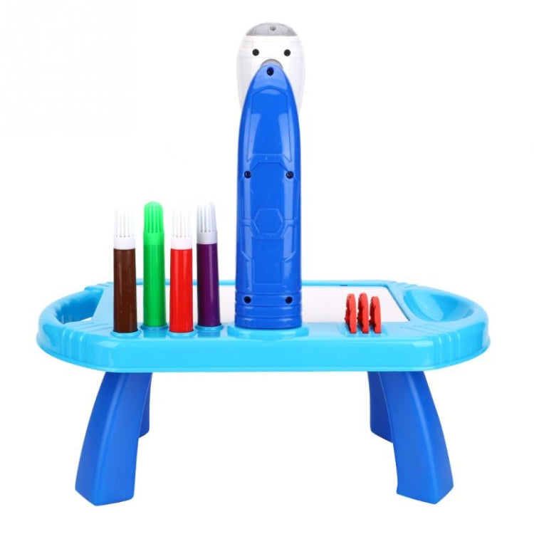 Blue kids painting projector drawing table with colored markers and stamp accessory