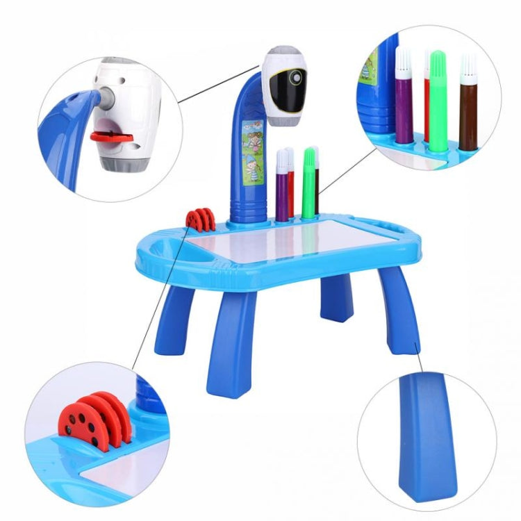 Blue projector painting table with colored pens and close-up rollers on stand