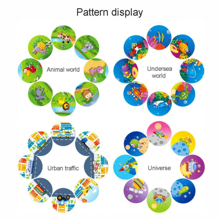 Printed pattern display card with circular scenes: animal world, underwater, traffic, universe