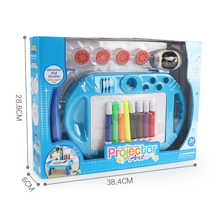 Blue projector art drawing toy box with painted pen slots and stamp discs