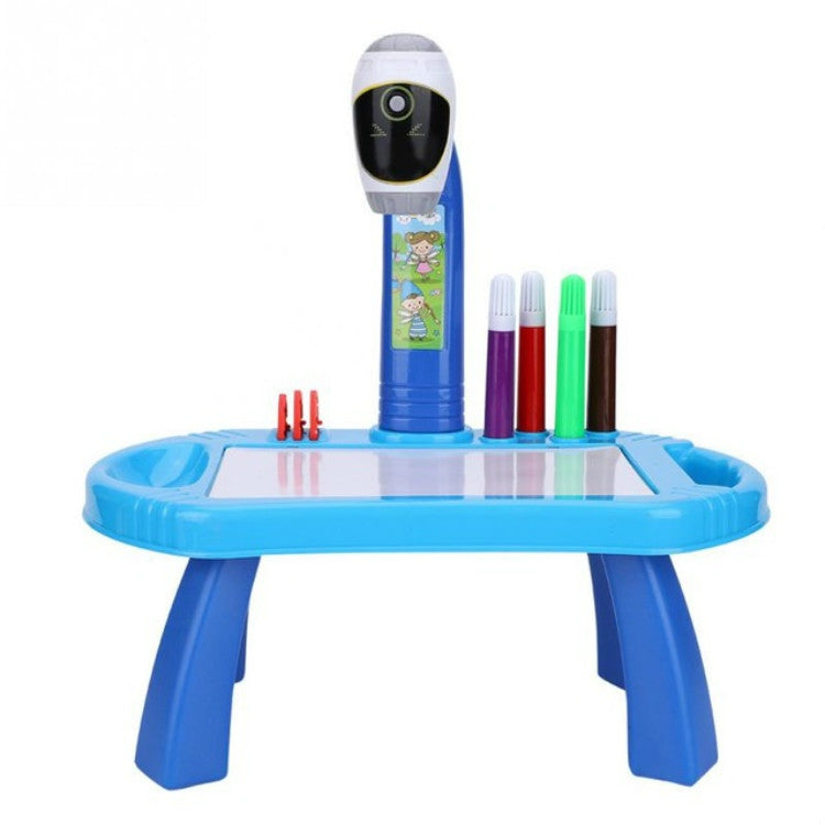 Blue kids painting projector drawing table with clear tray and four colored pens