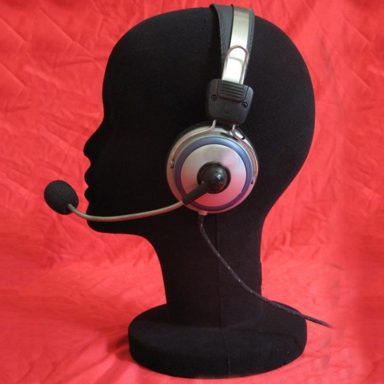 Black foam mannequin head display stand with over-ear headphones and boom mic