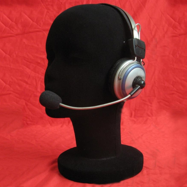 Black foam mannequin head display stand, headset side view with boom microphone