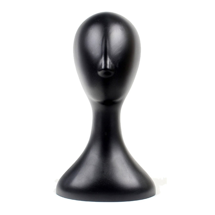 Black plastic mannequin head display stand, front view