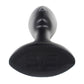 Black plastic mannequin head display stand, rear view with smooth back panel
