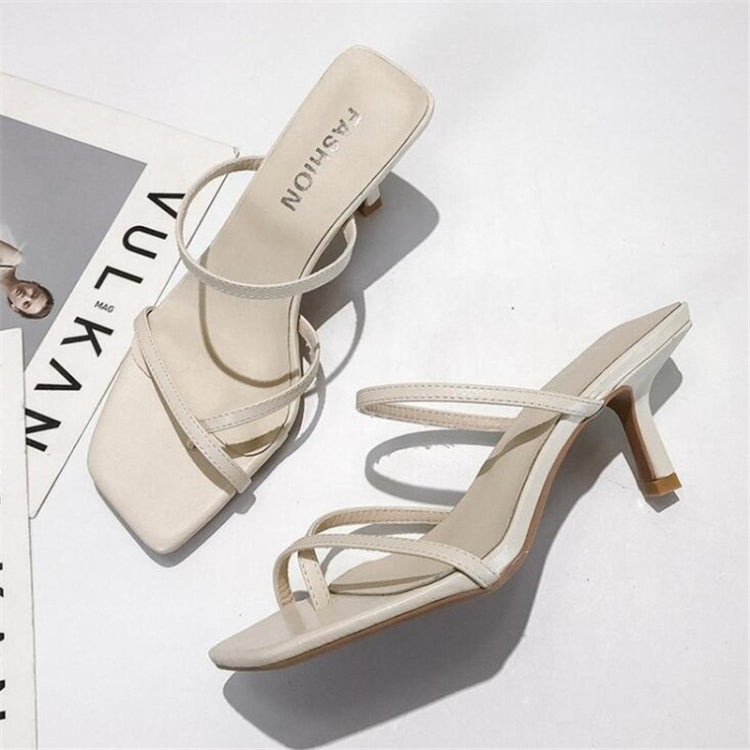 Women’s pin-toe stiletto heeled sandals, light beige, crisscross ankle straps