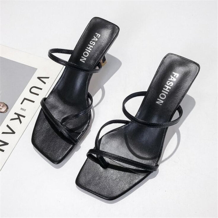 Women’s pin-toe stiletto heeled sandals, black, open toe with thin ankle strap