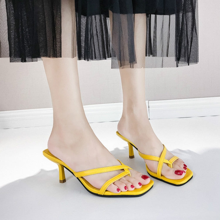 Women’s pin-toe stiletto heeled sandals, bright yellow, open-toe thong with mid heel