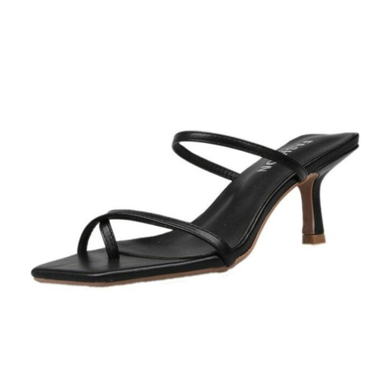Women’s pin-toe stiletto heeled sandals, black, open toe slide with thin straps