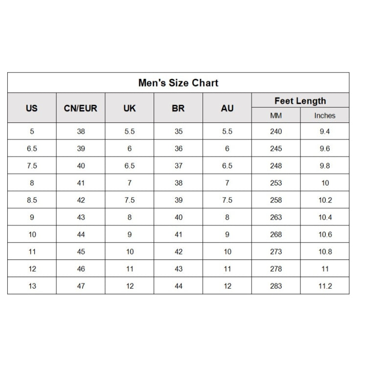 Men's size chart table with US, EU, UK, BR, AU sizing and foot length in inches