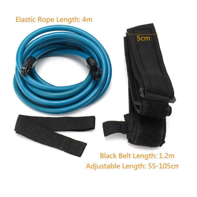 Swimming resistance elastic rope with blue cord and black belt holder with two fastening straps